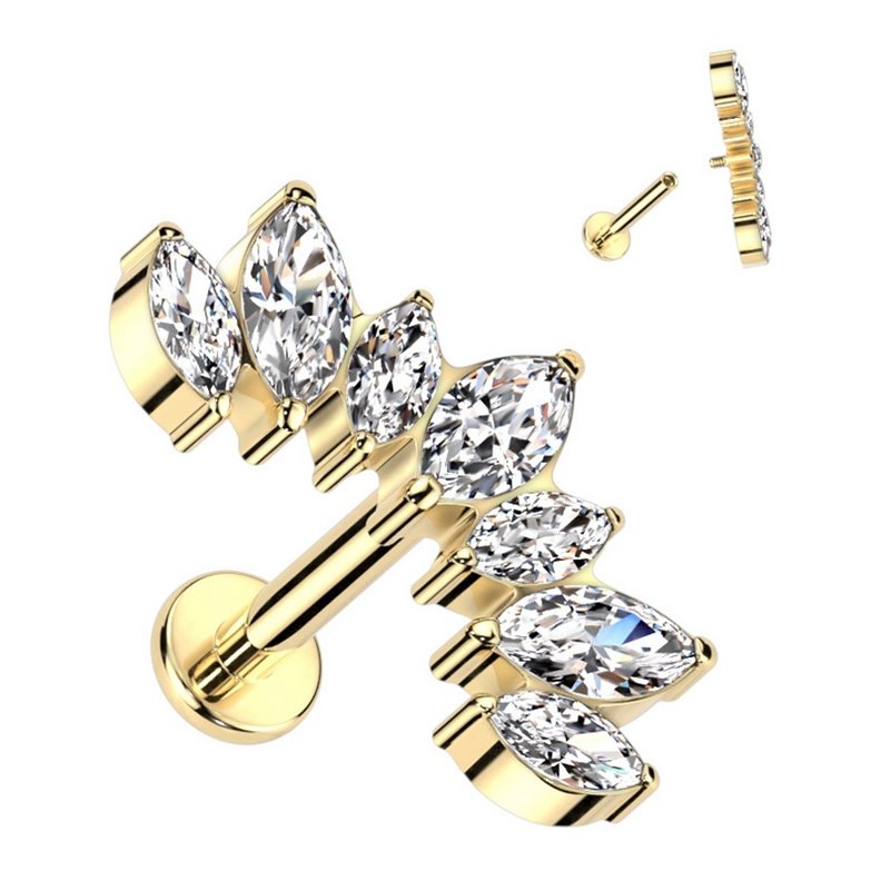 Piercing Labret marquise con 7 zirconi in titanio PVD oro Piercing Labret marquise con 7 zirconi in titanio PVD oro