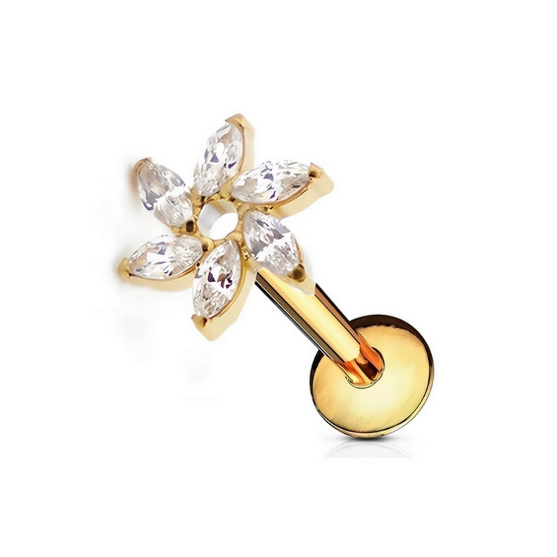Piercing Labret floral orné de zircons Titane PVD Gold Piercing Labret floral orné de zircons Titane PVD Gold