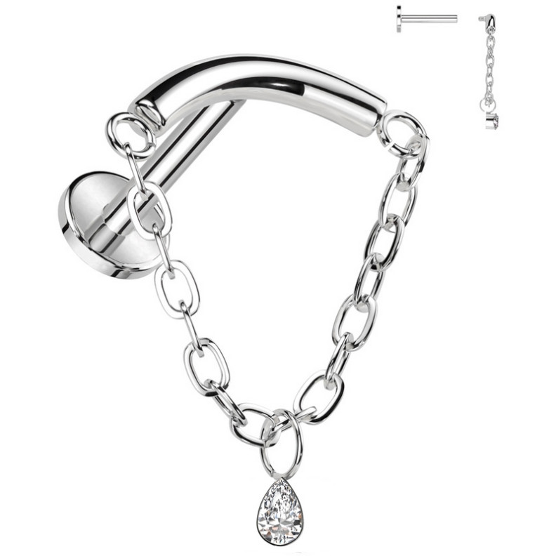 Piercing Labret arqué avec chaine et zircon en Titane