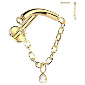 Piercing Labret arqué avec chaîne et zircon en Titane PVD Gold