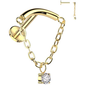 Piercing Labret arqué avec chaîne et zircon rond en Titane PVD Gold