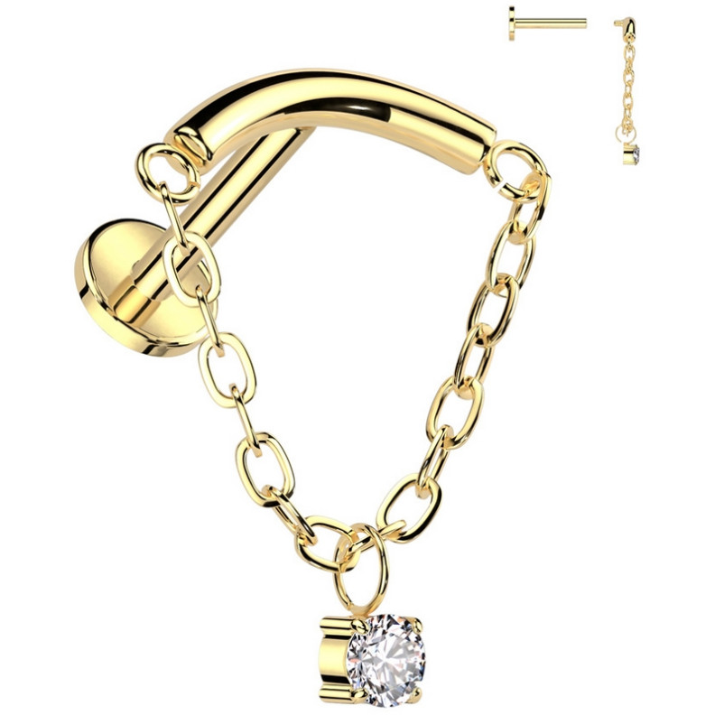 Piercing Labret arqué avec chaîne et zircon rond en Titane PVD Gold Piercing Labret arqué avec chaîne et zircon rond en Titane PVD Gold