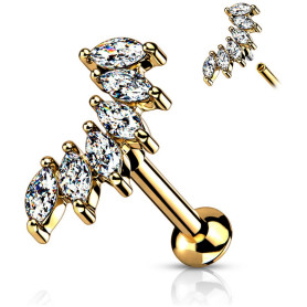Piercing Labret marquise avec 6 zircons en Titane PVD Gold