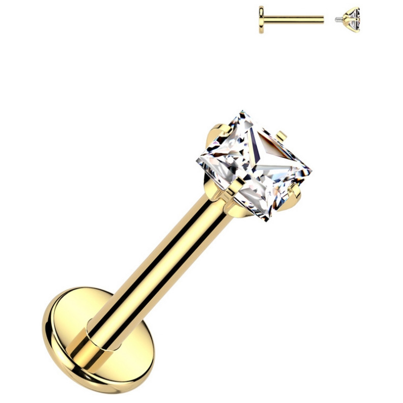 Piercing Labret avec zirconium griffé carré en Titane PVD Gold