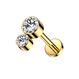 Piercing Labret Double zircons griffés en Titane PVD Gold