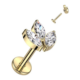 Piercing Labret avec 3 pierres en mandorle en Titane PVD Gold