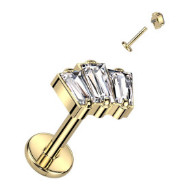 Piercing Labret 3 Zircons rectangulaires en Titane PVD Gold