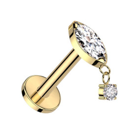 Piercing Labret pendentif en forme de losange avec zircon en Titane PVD Gold