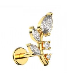 Piercing Labret feuilles avec zircons en Titane PVD Gold