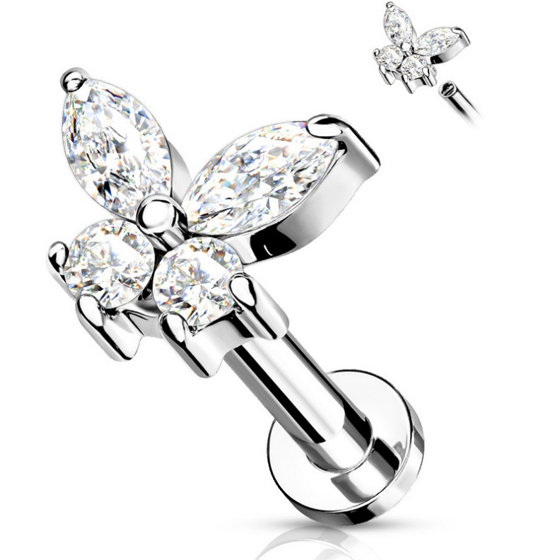 Piercing Labret papillon orné de zircons en Titane