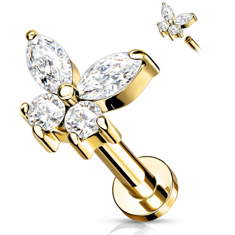 Piercing Labret papillon orné de zircons Titane PVD Gold Piercing Labret papillon orné de zircons Titane PVD Gold