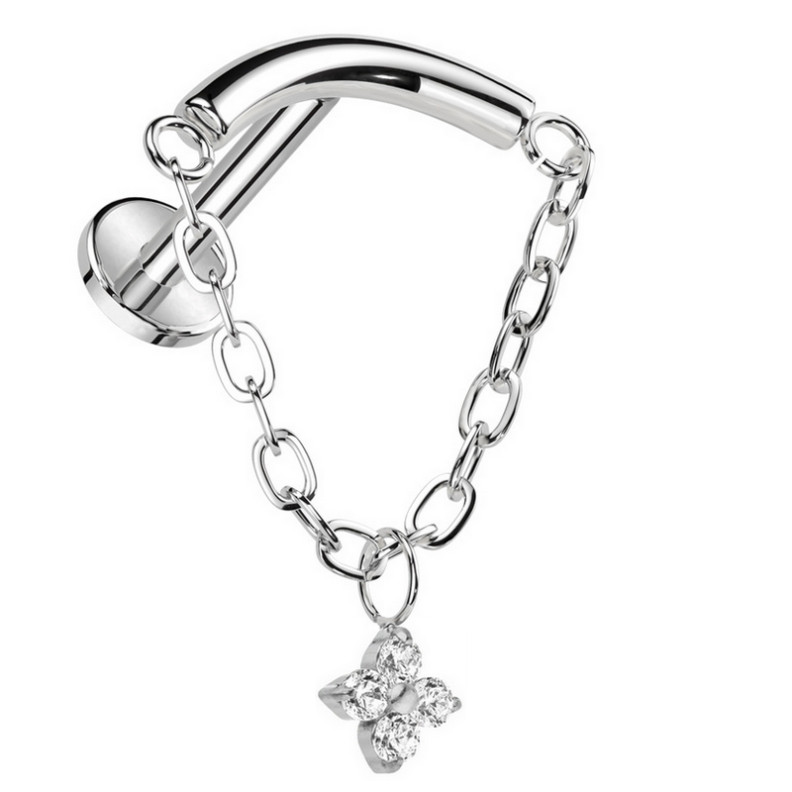 Piercing Labret arqué avec chaîne et pendentif floral en zircons en Titane