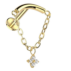 Piercing Labret arqué avec chaîne et pendentif floral en zircons en Titane PVD Gold