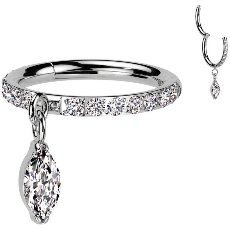 Piercing Anneau Clicker serti de zircons avec un pendentif en marquise en Titane