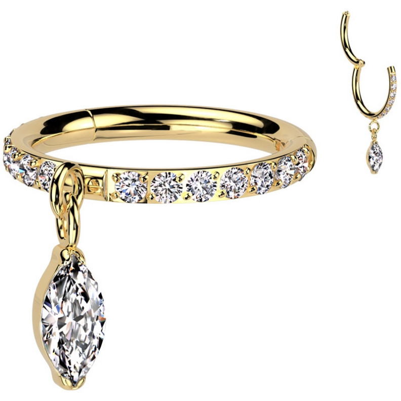 Piercing Anneau Clicker serti de zircons avec un pendentif en marquise en Titane PVD Gold