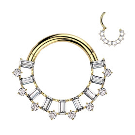Piercing Anneau Clicker serti de zircons rectangulaires et ronds en Titane PVD Gold