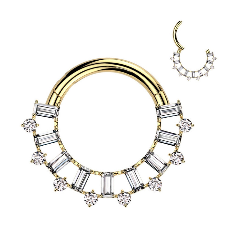 Piercing Anneau Clicker serti de zircons rectangulaires et ronds en Titane PVD Gold Piercing Anneau Clicker serti de zircons rectangulaires et ronds en Titane PVD Gold