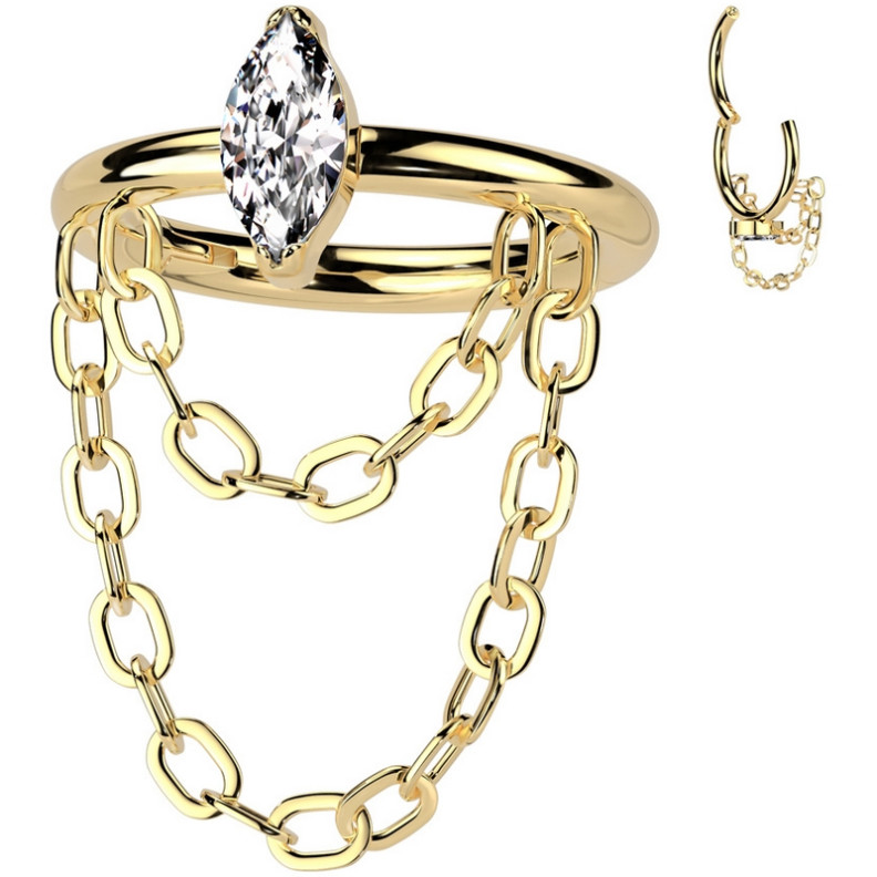 Piercing Anneau Clicker avec marquise et chaînes élégantes en Titane PVD Gold