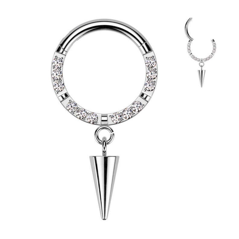 Piercing Anneau Clicker orné de zircons avec pendentif conique en Titane Piercing Anneau Clicker orné de zircons avec pendentif conique en Titane