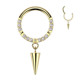 Piercing Anneau Clicker orné de zircons avec pendentif conique en Titane PVD Gold