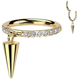 Piercing Anneau Clicker serti de zircons latéraux et son pendentif spike en Titane PVD Gold