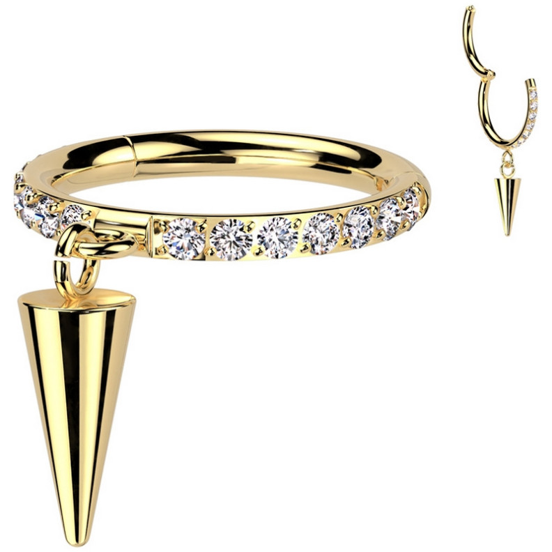 Piercing Anneau Clicker serti de zircons latéraux et son pendentif spike en Titane PVD Gold