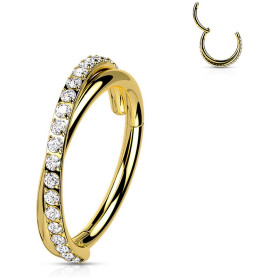 Piercing Anneau Clicker double rang serti de zircons en Titane PVD Gold