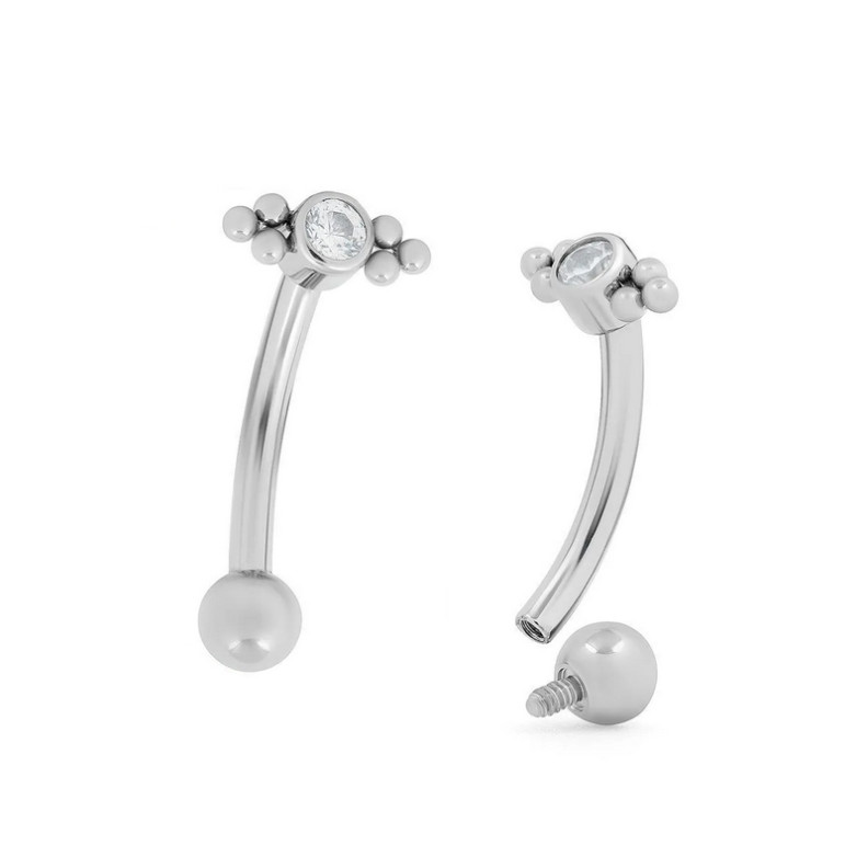 Piercing Barbell courbé zircon griffé avec boules en Titane
